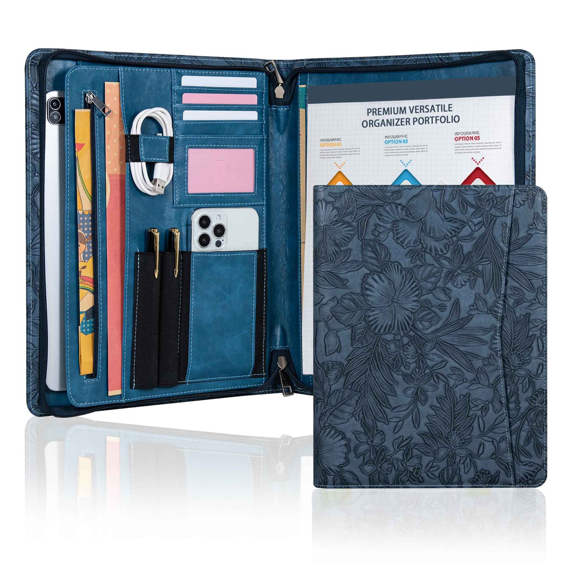 Embossed Vegan Leather Portfolio for Women,Professional Organize Padfolio with A4 Notepad Holder,Professional Business Document Organizer for Women (Blue)