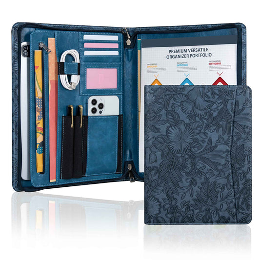 Embossed Vegan Leather Portfolio for Women,Professional Organize Padfolio with A4 Notepad Holder,Professional Business Document Organizer for Women (Blue)