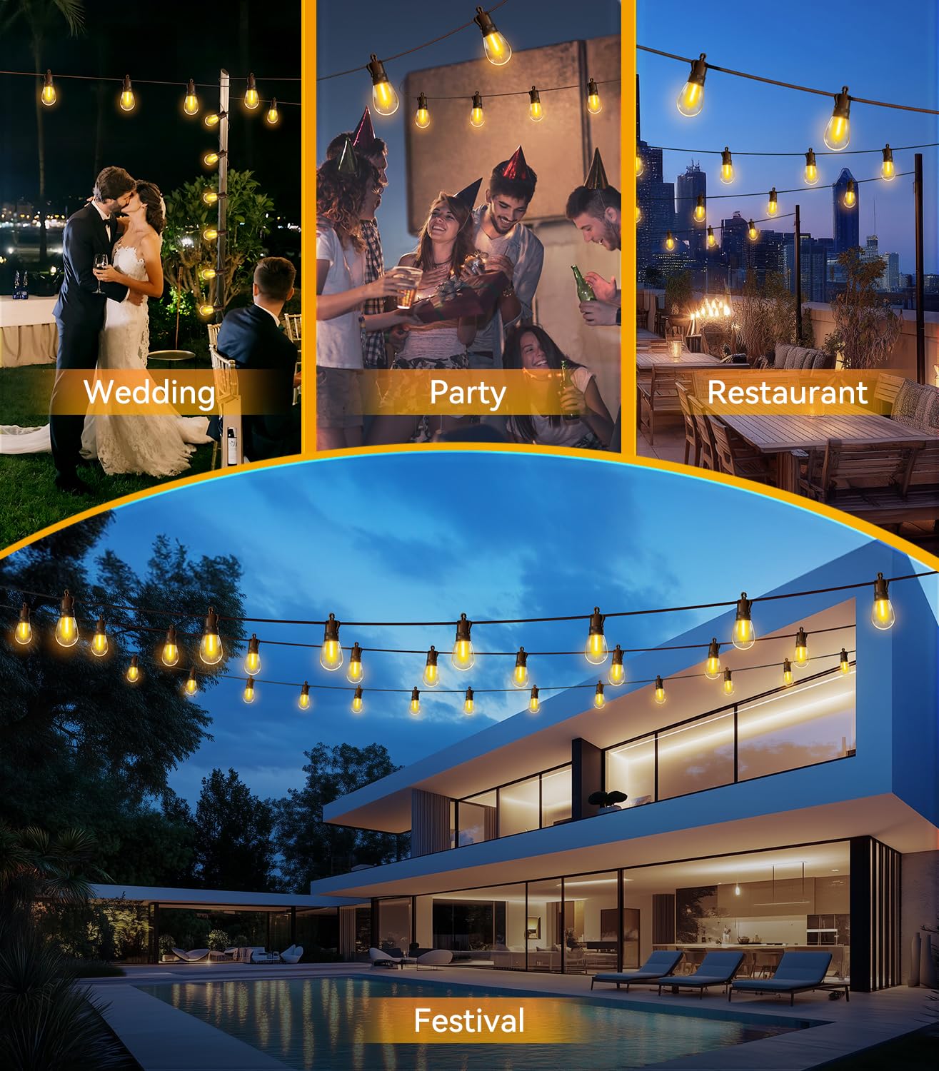 Outdoor-String-Lights-Patio-LED-Light-Outside 50Ft 15M Waterproof Remote Dimmable S14 LED Porch Lighting with 15 Edison Plastic Bulb Hanging Lights Connectable for Backyard Yard Gazebo Party Garden