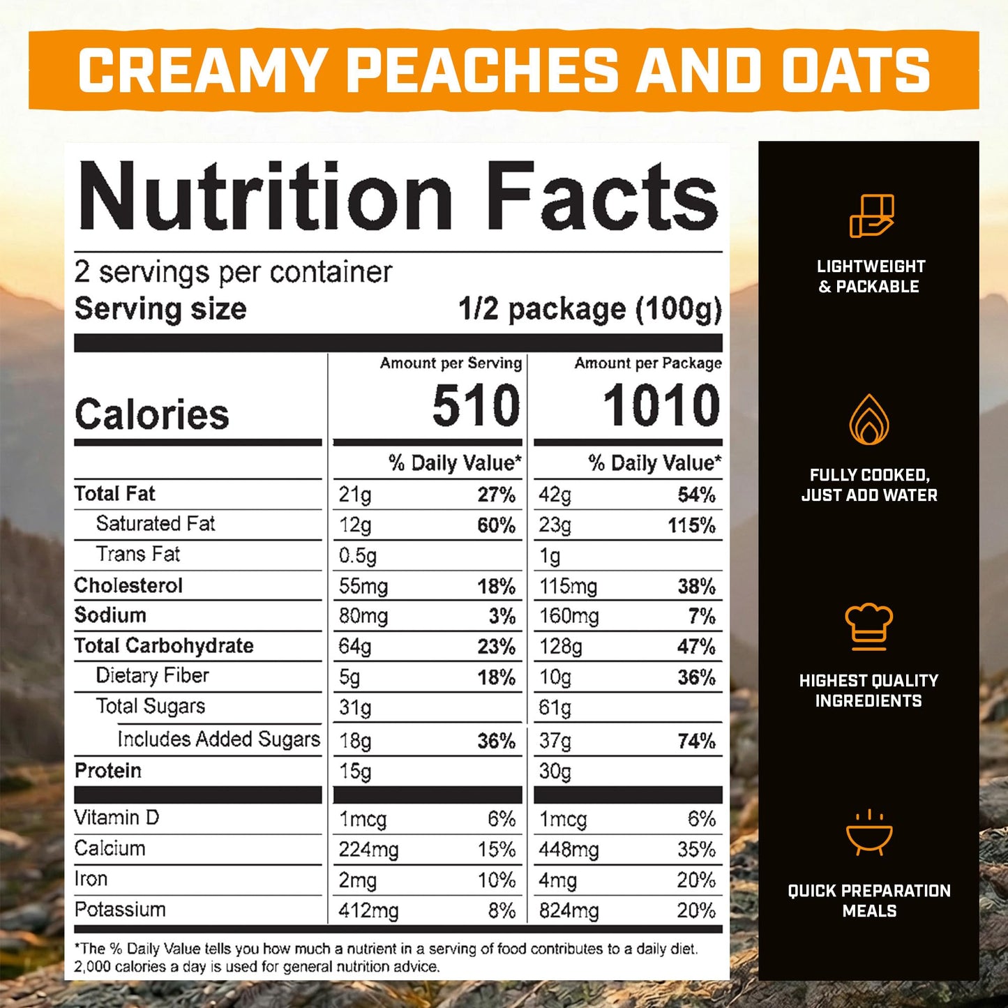 Peak Refuel Creamy Peaches and Oats | Chad Mendes Signature Meal | Premium Freeze-Dried Variety Meals | Hunting, Survival, Camping, Backpacking Food | High-Protein Game Meats | MRE | Made in USA