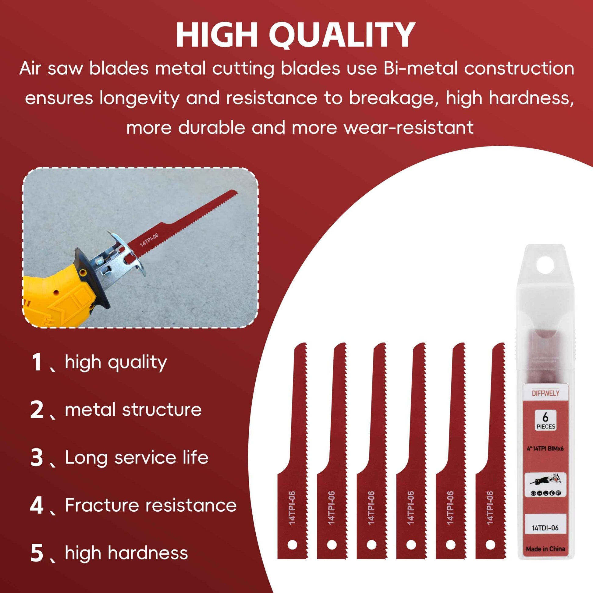 P4EV-6 Air Reciprocating Saw Blades, 6 Pack, 4” 14 TPI Fine for Standard 1/2" Shank Air Reciprocating Saws, Bi-Metal Technology, High Speed Steel