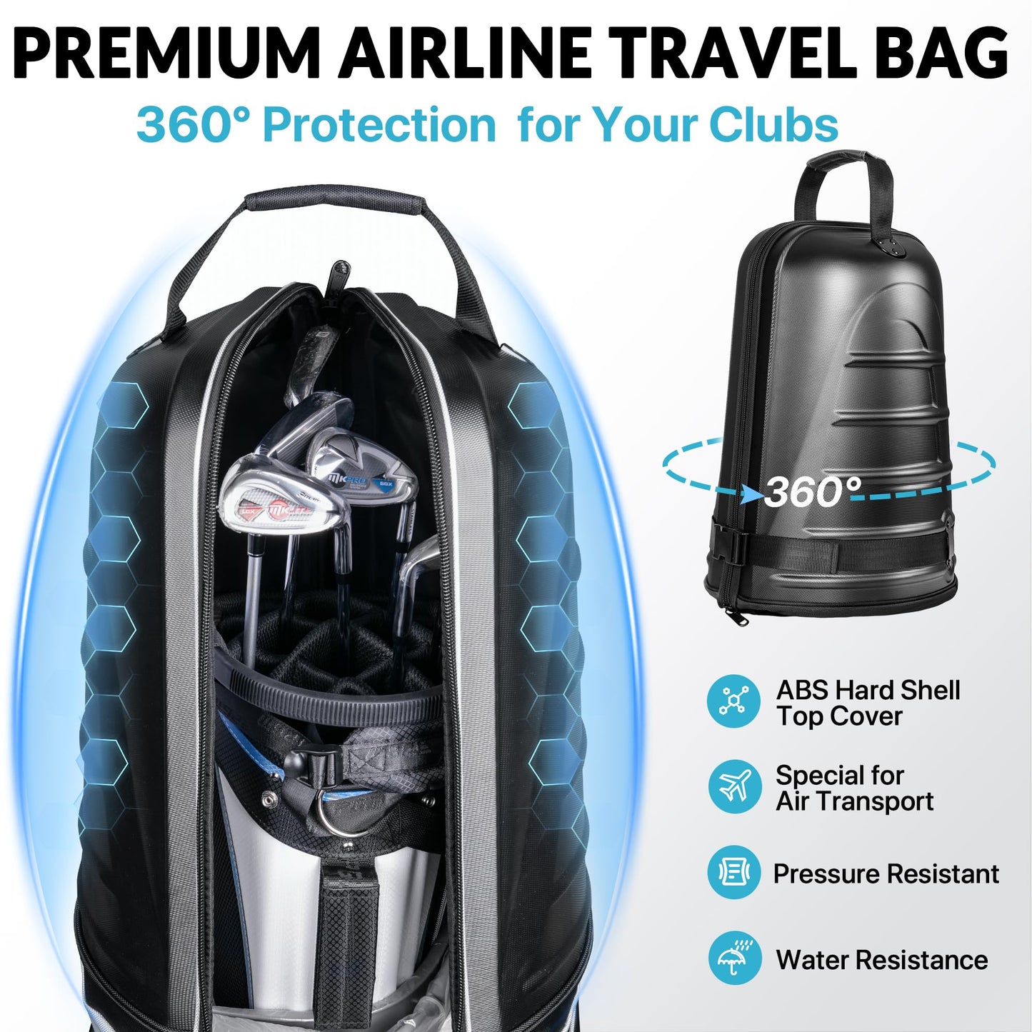 Golf Travel Bag for Airlines, Hard Shell Top Golf Travel Case with Wheels, Heavy Duty 1680D Oxford Fabric, Reinforced Base, Oversized Tank Wheels, Built-in TSA Lock, Water-Resistant Zippers, Black