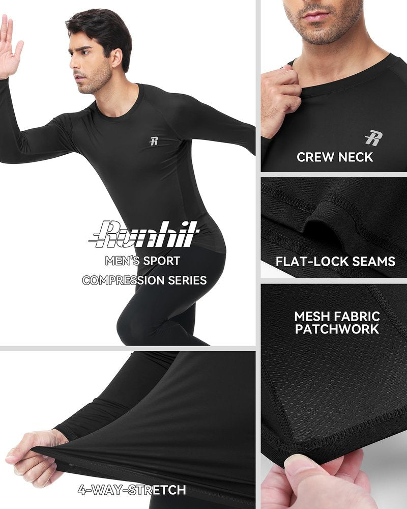 Runhit 2 Pack Men's Compression Shirts Long Sleeve Cool Dry Workout Undershirts Quick Dry Athletic Running Base Layer Top for Sports Gym Black/White M