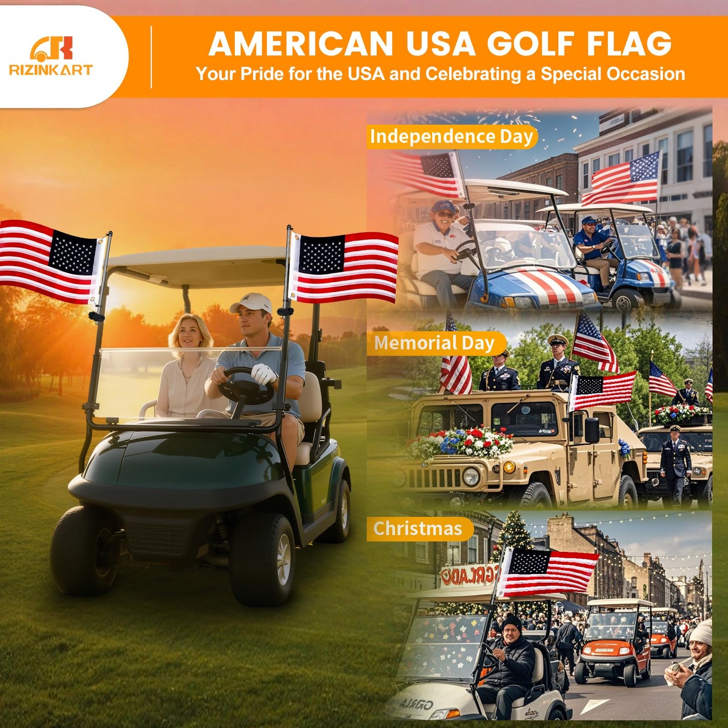 2Pcs Golf Cart Flag Pole Kit, 360° Adjustable Golf Cart Flag Holder, Universal Fit for Golf Cart/Boat/ATV/UTV, Stainless Steel Flag Pole with USA Flag (12"×18"), for 0.59"-1.25" Round/Square Rail