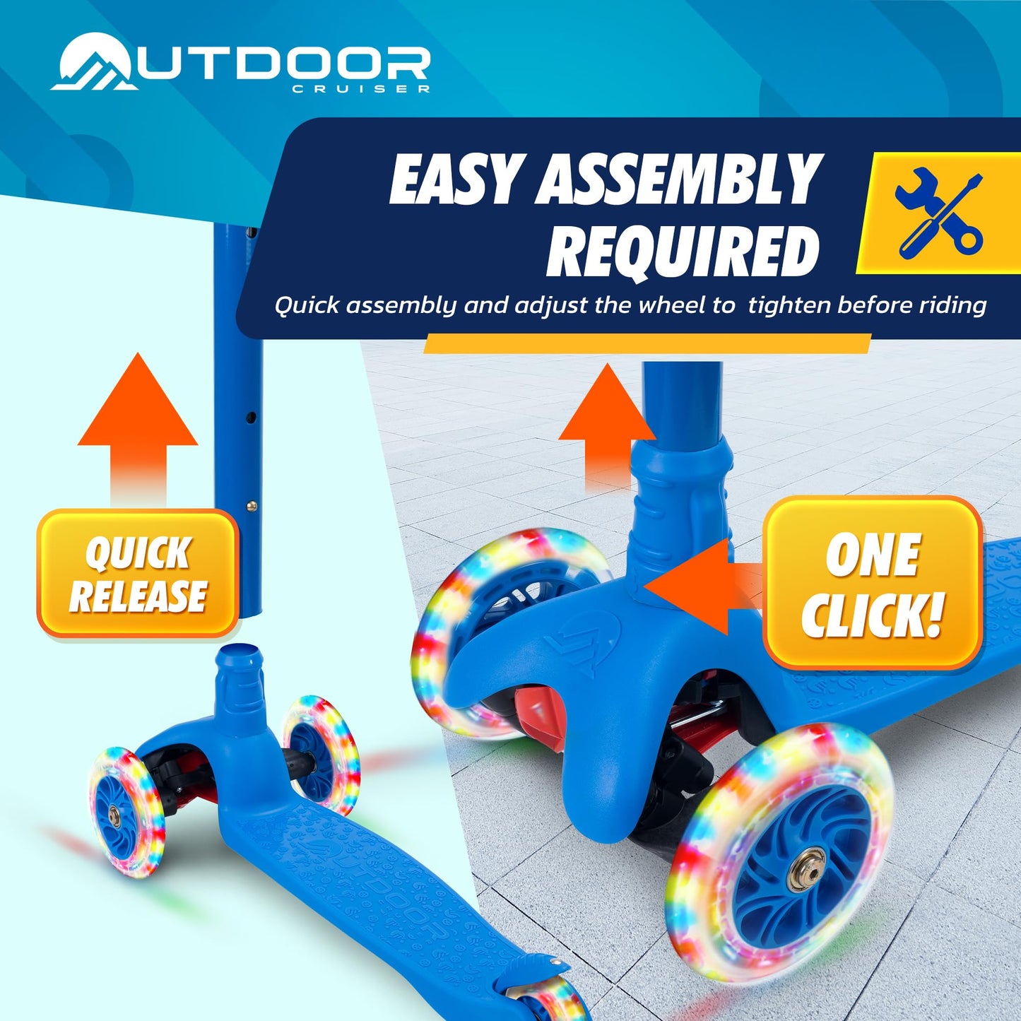 Outdoor Cruiser 3-Wheel Kids Scooter – with Lean-to-Steer Technology, Wide Deck, Led Lighted Wheel, 4-Level Adjustable Height T-bar Handle, Support Kids Up to 150 Lbs, for Boys & Girls Ages 3-8, Blue