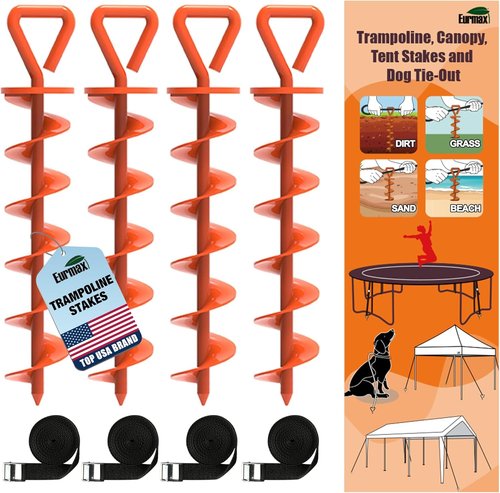 Eurmax USA Heavy-Duty Trampoline Stakes | Steel Anchor Kit for Canopies & Dog Tie-Outs - Set of 4 (Orange)