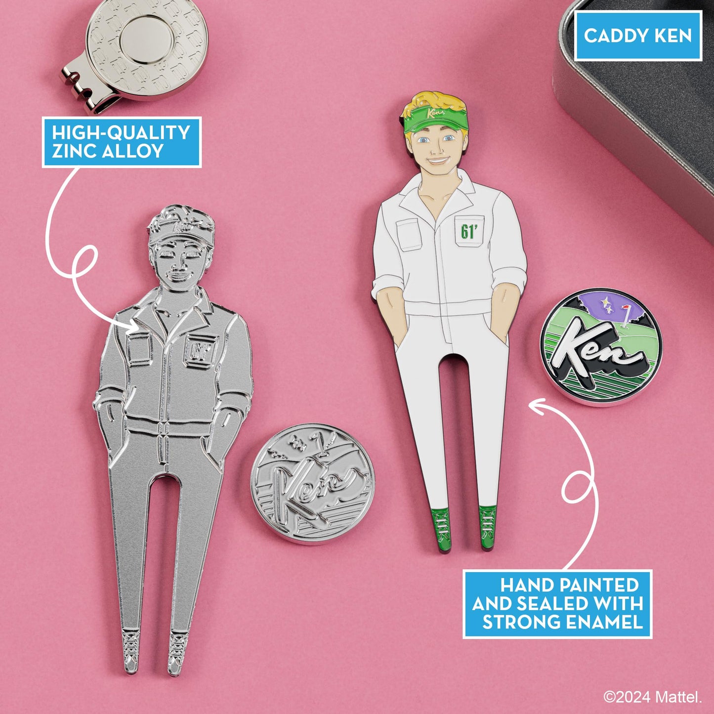 PuttBuddies Barbie Caddy Ken Golf Divot Tool and Ball Marker – Magnetic Collectible Golf Gift Set with Hat Clip & Tin for Golfers, Golf Accessories for Women