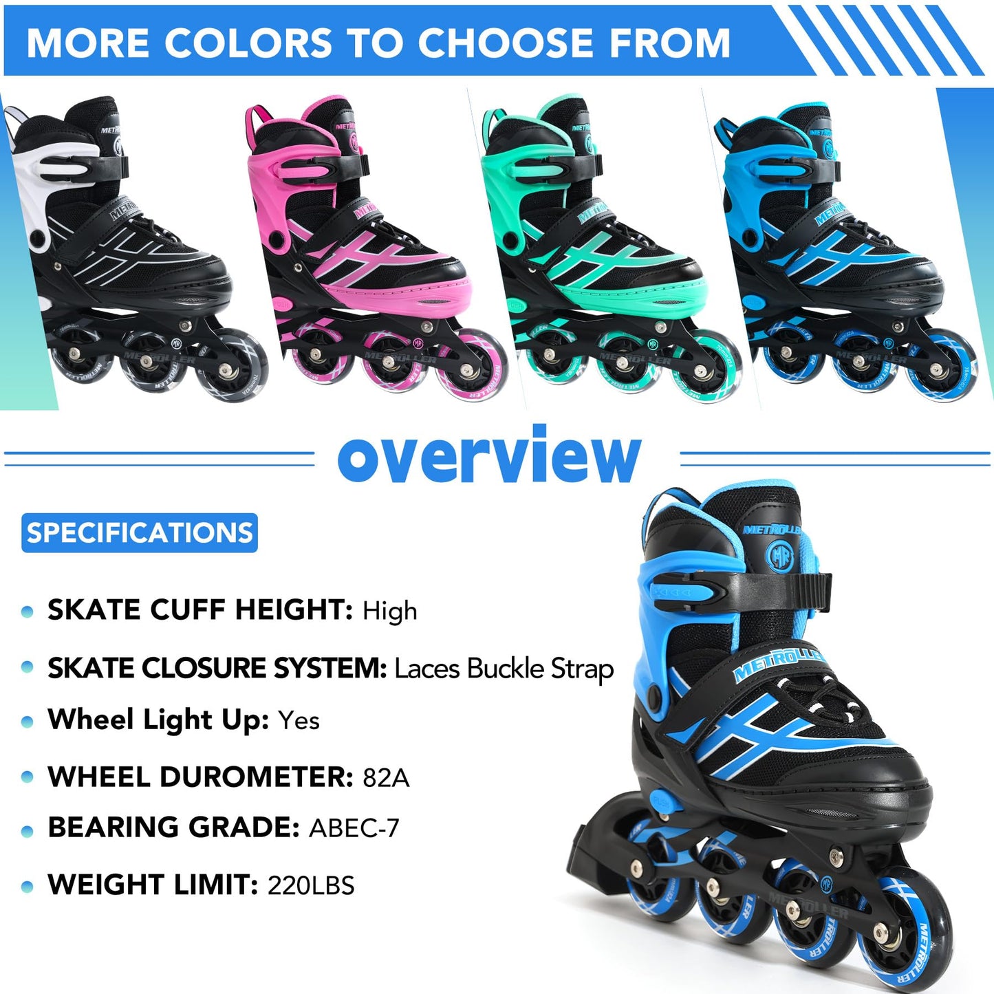 METROLLER Inline Skates for Girls Boys Ages 5-8 8-12 Adjustable Illuminating Wheels Inline Roller Skates for Youth Kids Outdoor Blades