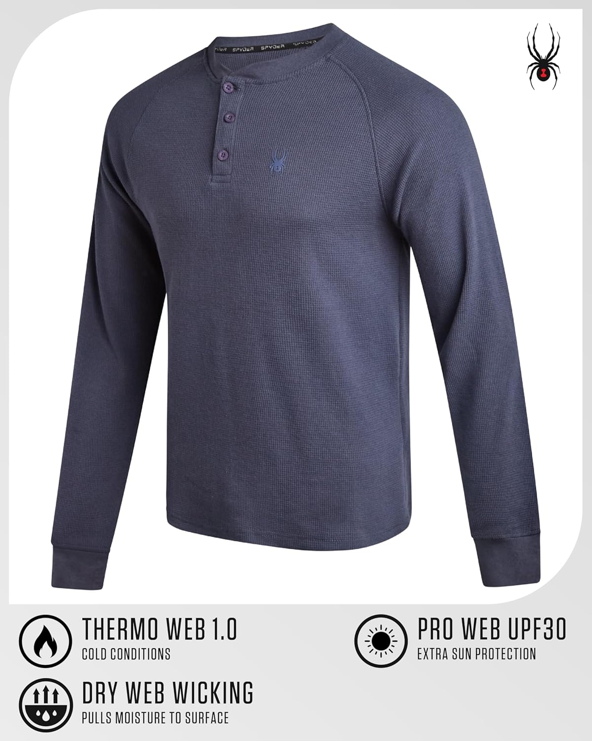 Spyder Mens Henley Shirts - Soft Cotton Blend Waffle Knit | Moisture-Wicking Quick-Dry Long Sleeve