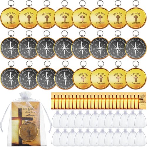 Relaxweex 24 Set Mini Christian Compass Christian Gift Set Compass with Cards and White Drawstring Organza Bag Bible Scripture Cards Religious Gifts for Men Graduation Gift Weddings