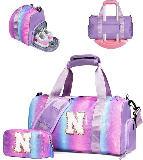 Girly Girl Stuff | Personalized Girl Gym Bag with Shoe Compartment & Makeup Pouch - Ideal Easter Gift for Kids Ages 5-10 (Letter N)