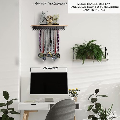 Defined Deco Medal Hanger - Wooden Trophy Shelf With 32 Hooks for Wall-Mounted Ribbon Display | Ideal for Gymnastics, Soccer, Running Medals