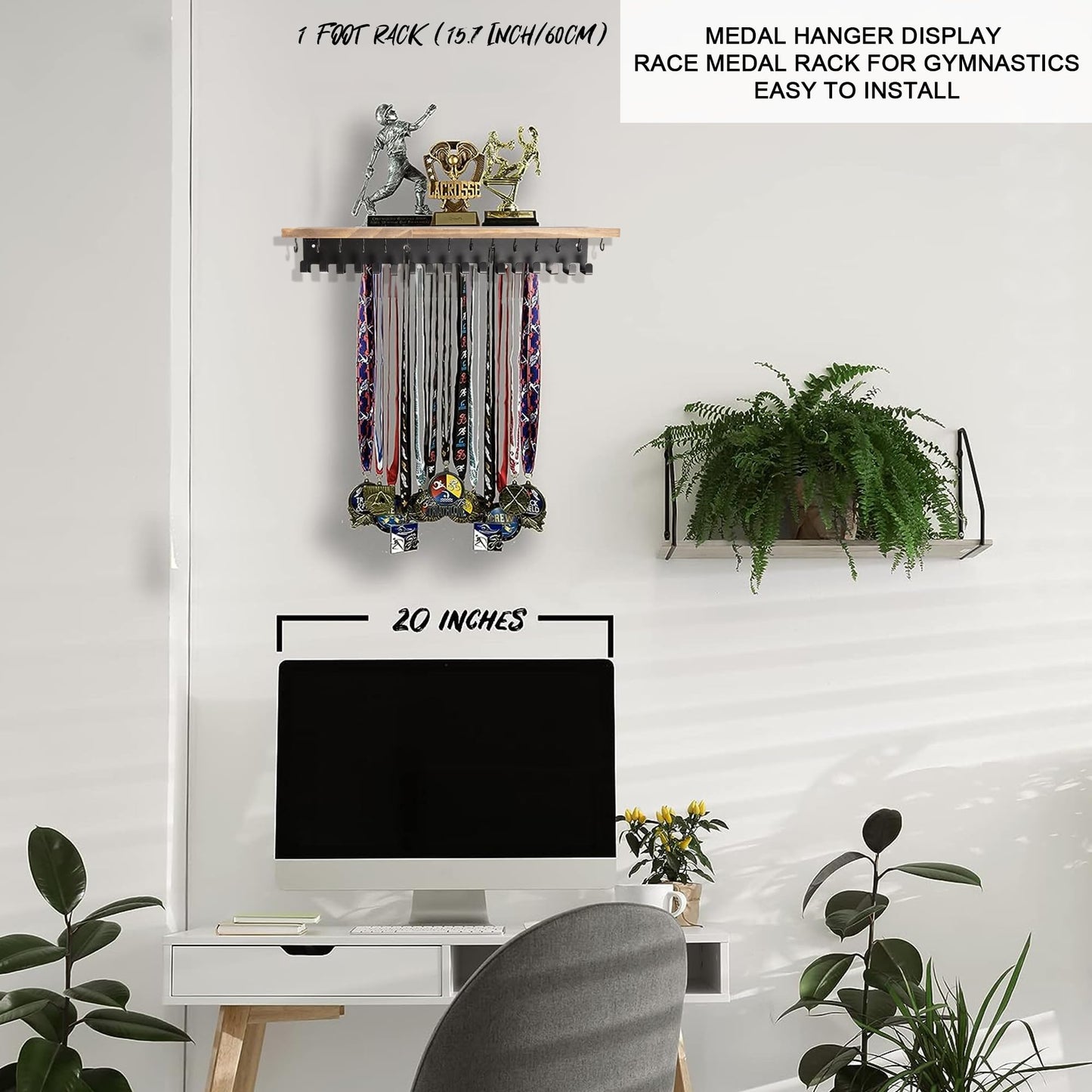Defined Deco Medal Hanger Display and Trophy Shelf with 32 Hooks-Wooden Medal Holder for Wall Mount Ribbon Display,Soccer, Running Race Medals Awards Rack.