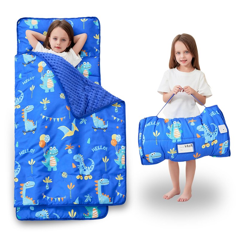Toddler Nap Mat with Pillow and Blanket, Extra Large Rolled Napping Mats,Slumber Bags for Boys Girls,Kids Sleeping Bag for Daycare, 21" x 50" Preschool Travel Camping - Blue Dinosaurs