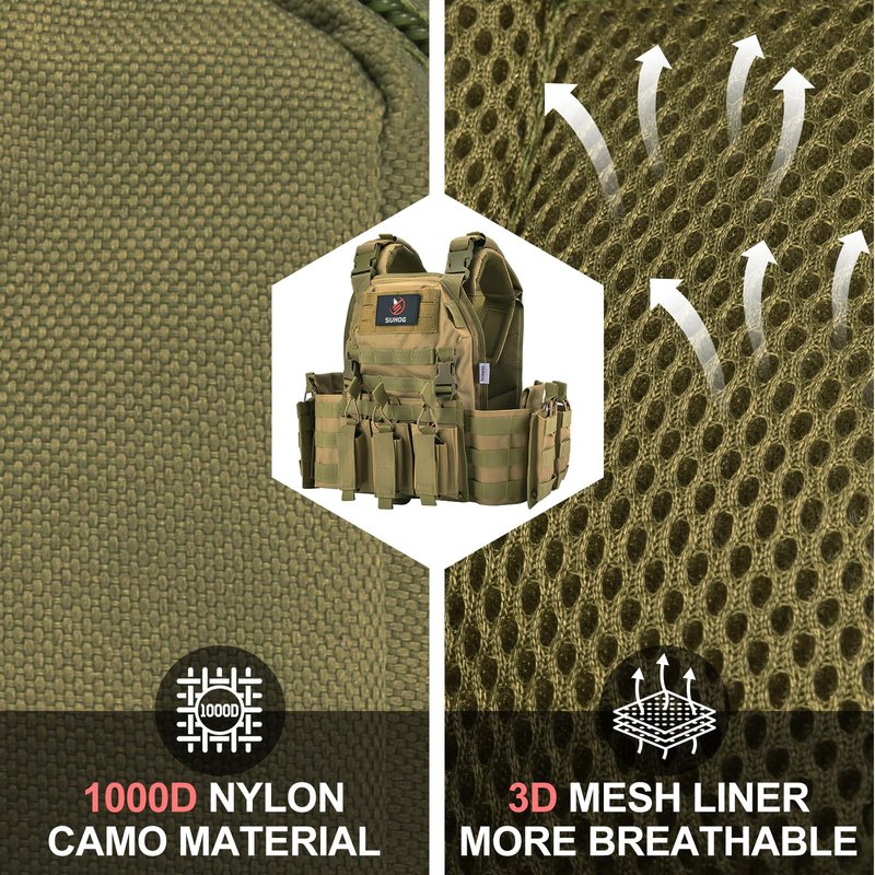 Adjustable Quick Release Tactical Vest, Molle Airsoft Vest, Lightweight Modular Airsoft with Multiple Pouches For Training (Army Green)
