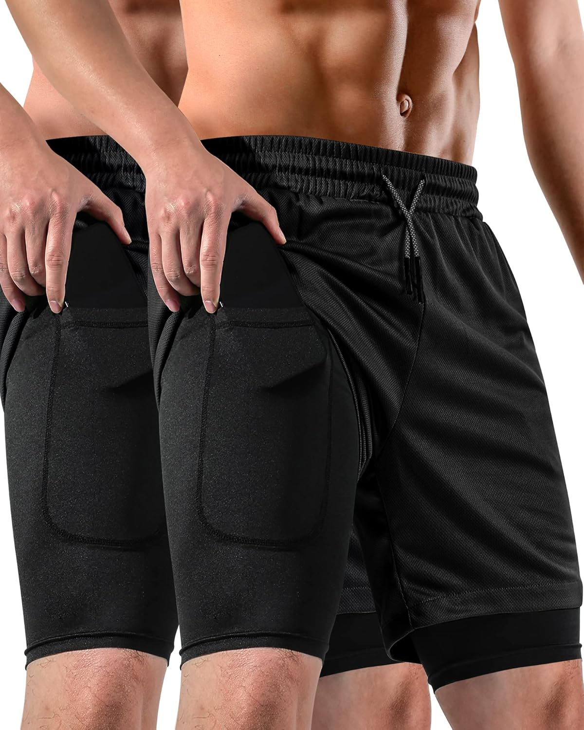 Skiennix Men's 2-in-1 Running Shorts - Casual Gym Shorts with Pockets & Towel Loop | 7 Inch, 2 Pack