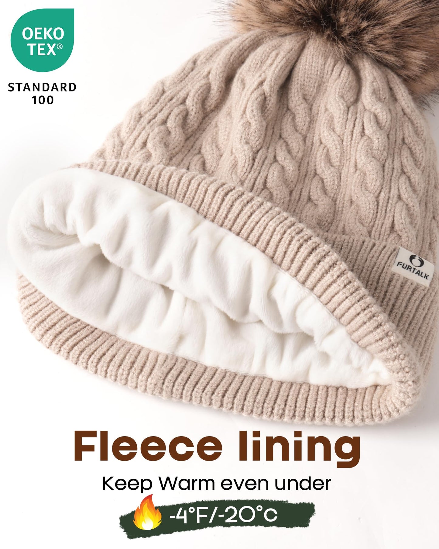 FURTALK Winter Hats for Women Fleece Lined Pom Pom Beanie Warm Knit Cap Light Khaki