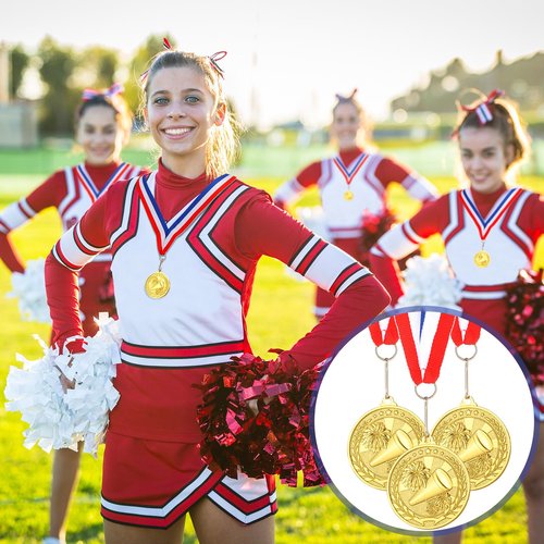 Huquary 48 Pcs Cheer Award Medals Bulk with Neck Ribbons Cheerleading Trophy Awards Prizes Baseball Football Volleyball Basketball Gold Award Medals for Sports Winner Gift