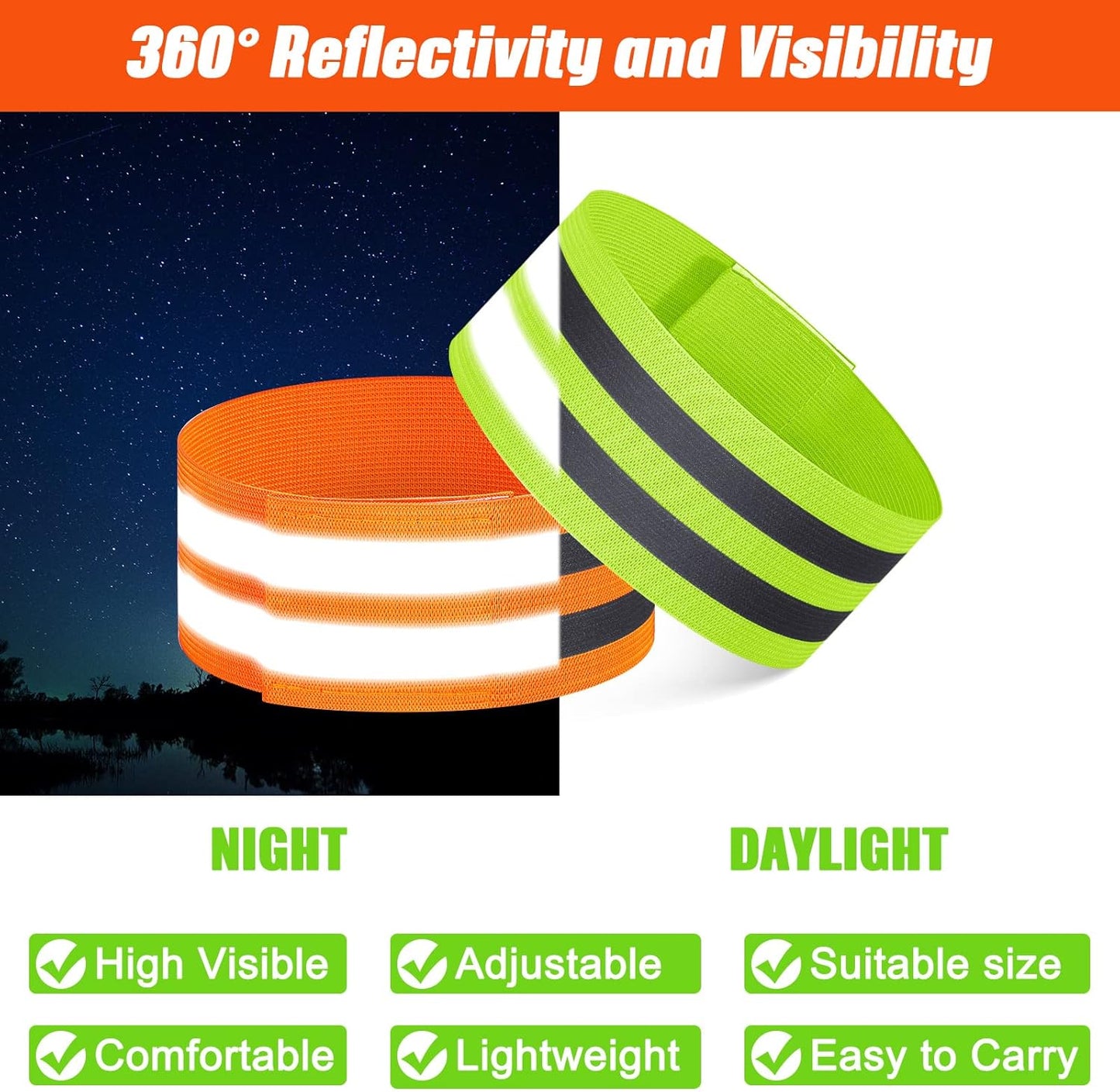 Zubebe Reflective Bands - 48 High Visibility Safety Straps for Wrist, Arm, Ankle, Leg | Ideal for Night Walking, Cycling, Running
