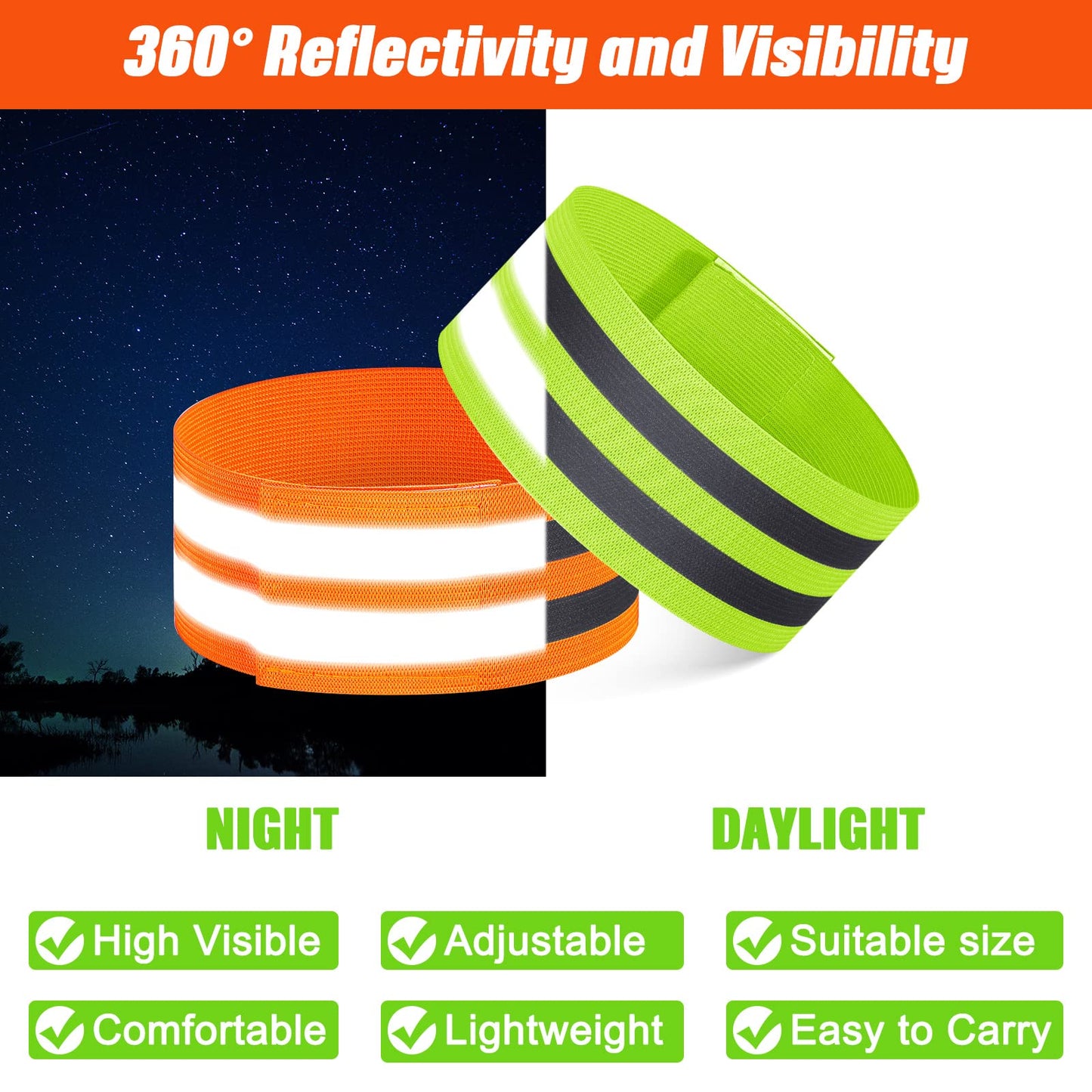 Zubebe 48 Pieces Reflective Bands Reflector Bands for Wrist, Arm, Ankle, Leg, High Visibility Reflective Gear Safety Reflector Tape Straps for Night Walking, Cycling and Running (Green and Orange)