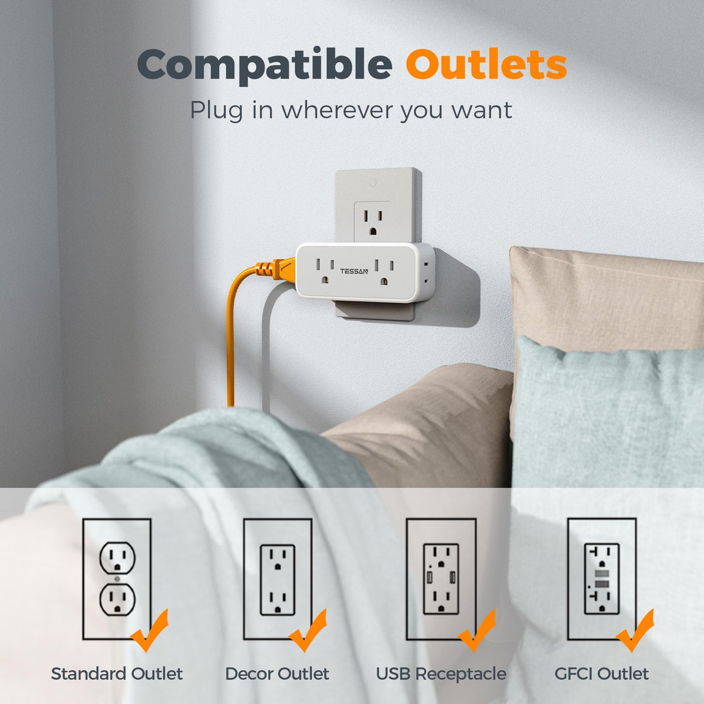 Outlet Extender Surge Protector, TESSAN Multi Wall Plug with 4 AC Electrical Outlets, 3 Sided Multiple Plug Expander, 1875W Max, Power Splitter 3 Prong Adapter for Home Bathroom Office Dorm Room