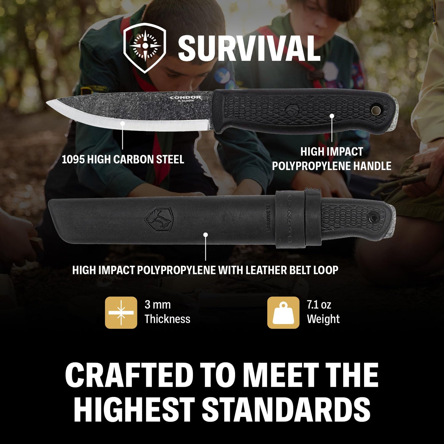 Condor Tool & Knife Terrasaur Bushcraft Knife Black - 1095 High Carbon Steel - Scandi Edge - High Impact Polypropylene Sheath - 3mm Thick - 4.2in Blade - 7.1oz