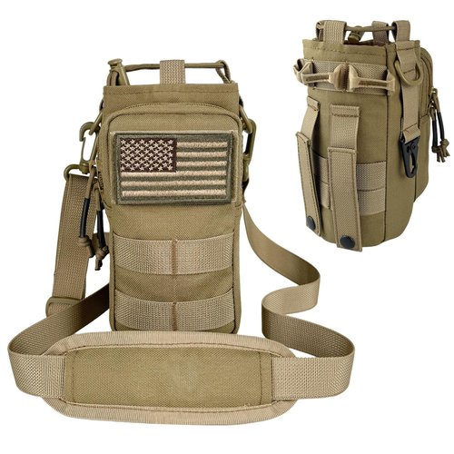 Water Bottle Sleeve with Strap - Insulated Water Bottle Holder with MOLLE System for Backpack Tactical Khaki Crossbody Pouch for Walking Hiking Fishing Camping Gym 32oz&24oz