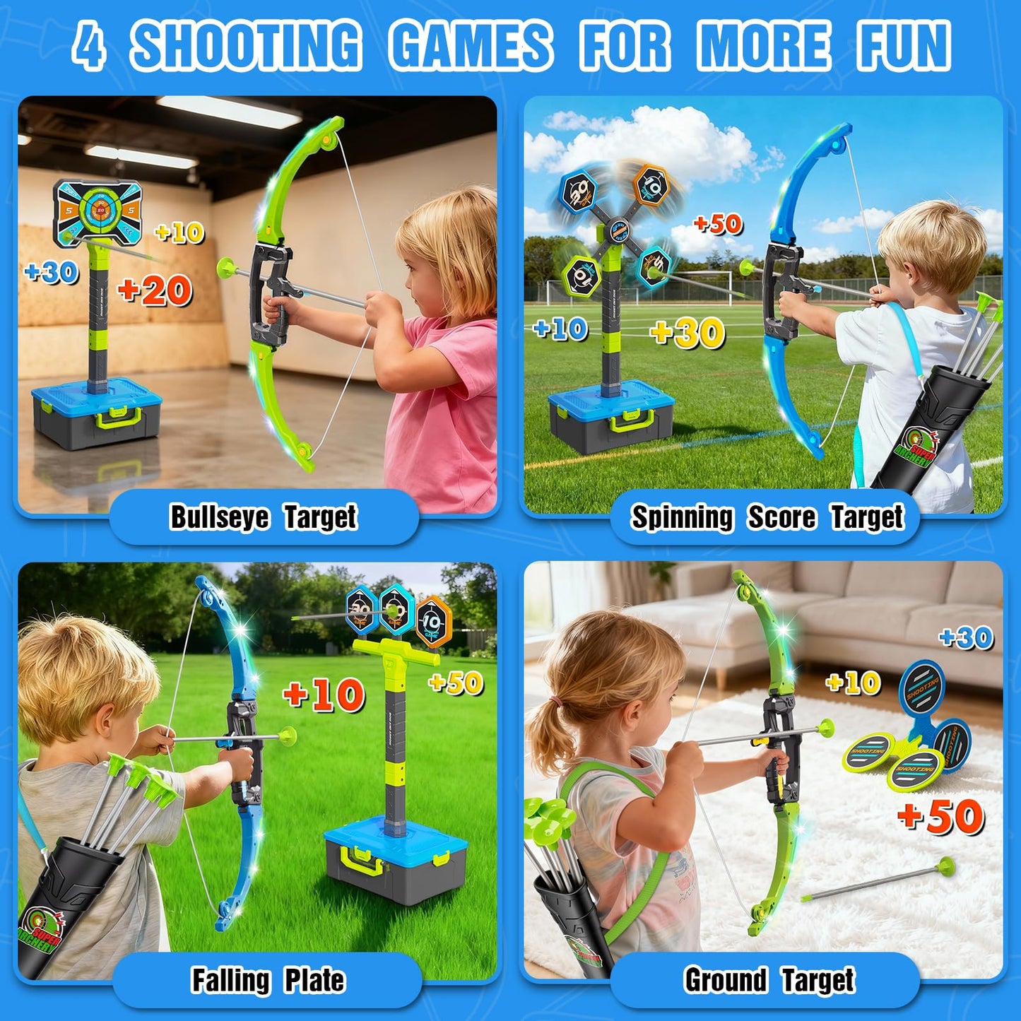 2 Pack Bow and Arrow Toy for kids 5 6 7 8 9 10,LED Light-Up Bows Archery Set with 12 Suction Cup Arrows, 4 Fun Targets ,2 Quivers & Storage Box ,Indoor Outdoor Sport Game Gifts for Boys Girls 4-8 8-12