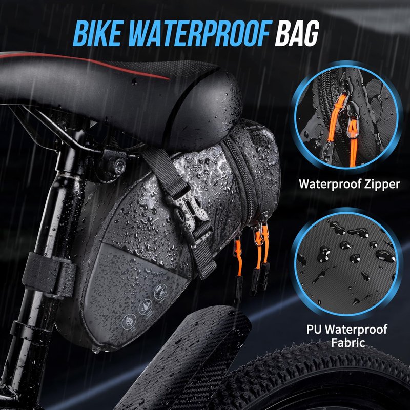 WOTOW Bike Saddle Bag - Waterproof Bike Seat Bag Expandable to 2L - Reflective Bicycle Under Seat Storage Pouch for Road Mountain Bike Cycling Travel