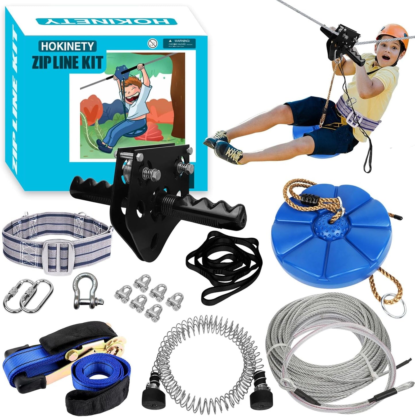 Zip Line Kit - 100FT to 200FT for Kids & Adults | Up to 380Lbs - Rust-Proof Trolley with Spring Brake