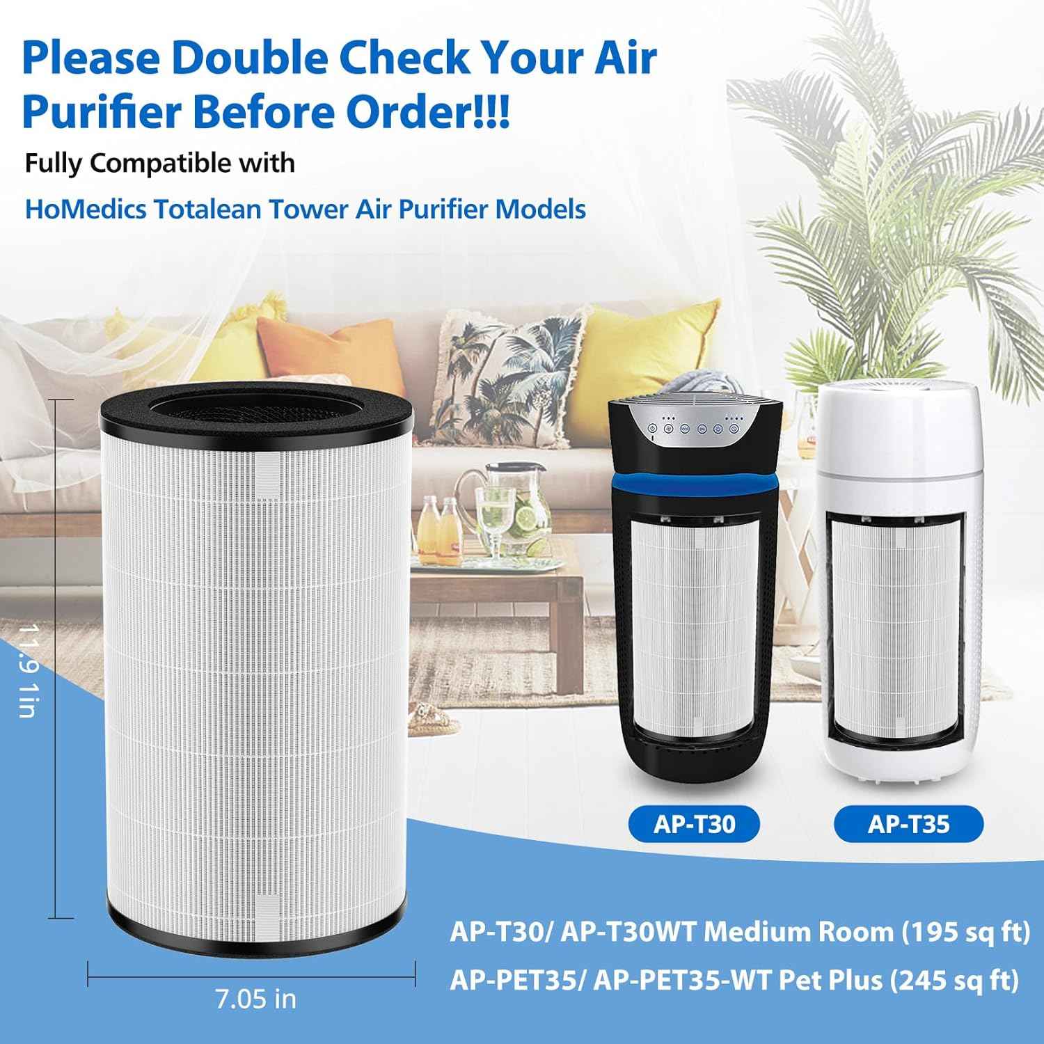 HoMedics TotalClean AP-T30 & AP-PET35 Replacement HEPA Filter - 2 Pack, 360° 5-Layer Filtration