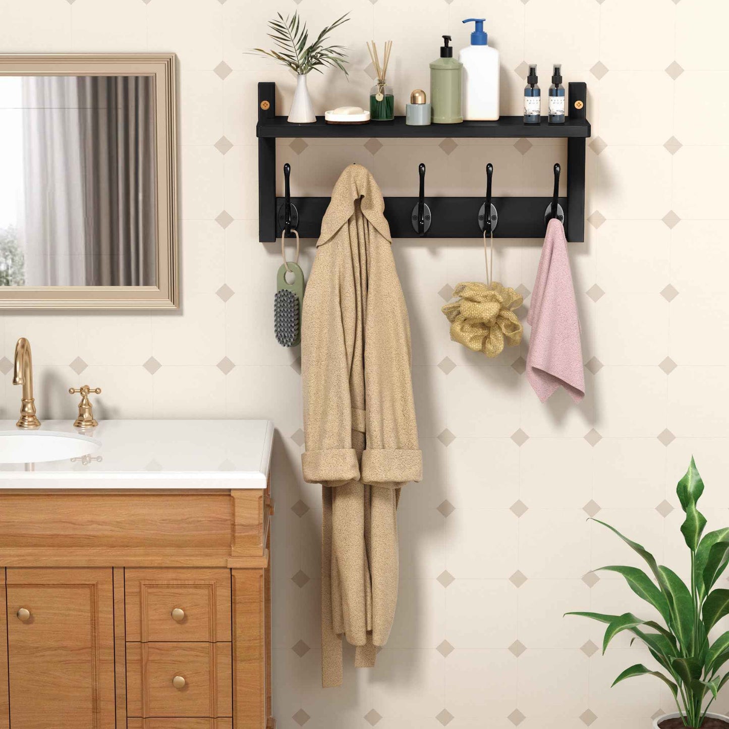 VASMIA Coat Rack Wall Mount with Shelf,Bamboo Wall Shelf with Hooks,Coat Hangers for Entryway,Bathroom, Living Room, Bedroom, Black