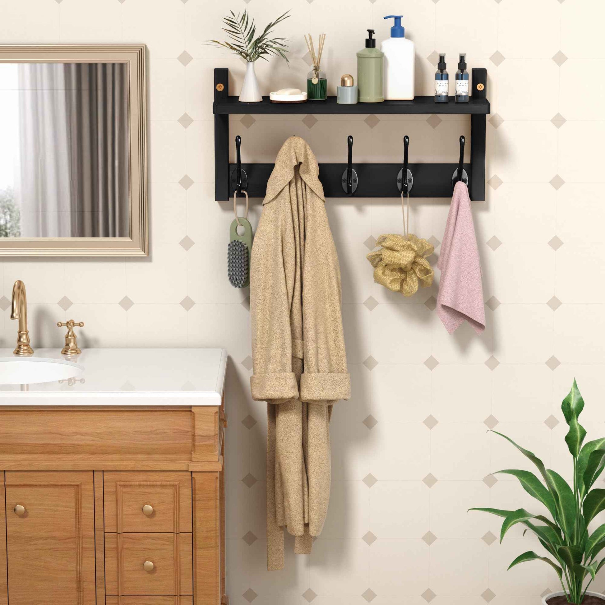 VASMIA Coat Rack Wall Mount with Shelf,Bamboo Wall Shelf with Hooks,Coat Hangers for Entryway,Bathroom, Living Room, Bedroom, Black