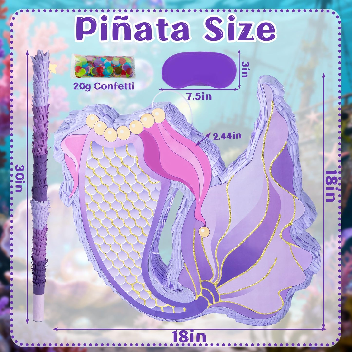 PCFING 18 Inch Mermaid Tail Piñata with 30 Inch Piñata Stick Blindfold Confetti for Boy Girl Ocean Birthday Party Game Decorations, Anniversary Celebration, Fiesta