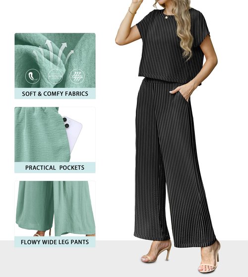 Lepunuo 2025 Summer Two Piece Outfit Cap Sleeve Top and Loose Wide Leg Pants Lounge Matching Set Tracksuit