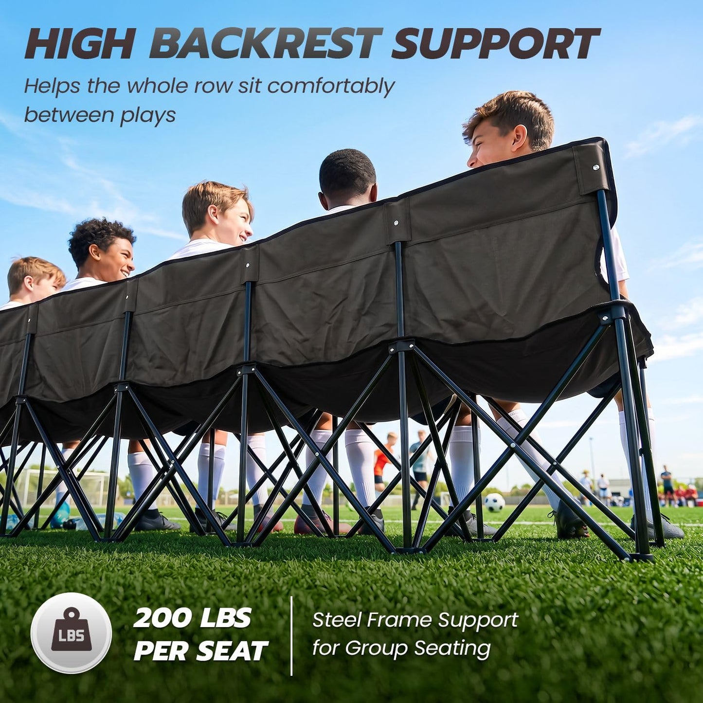 Flexzion Portable Folding Bench Seat, 6 Seater, Collapsible Soccer Bench, Portable Bench Seats for Bleachers, Camping, Sideline, with Back Rest and Carrying Bag, Black