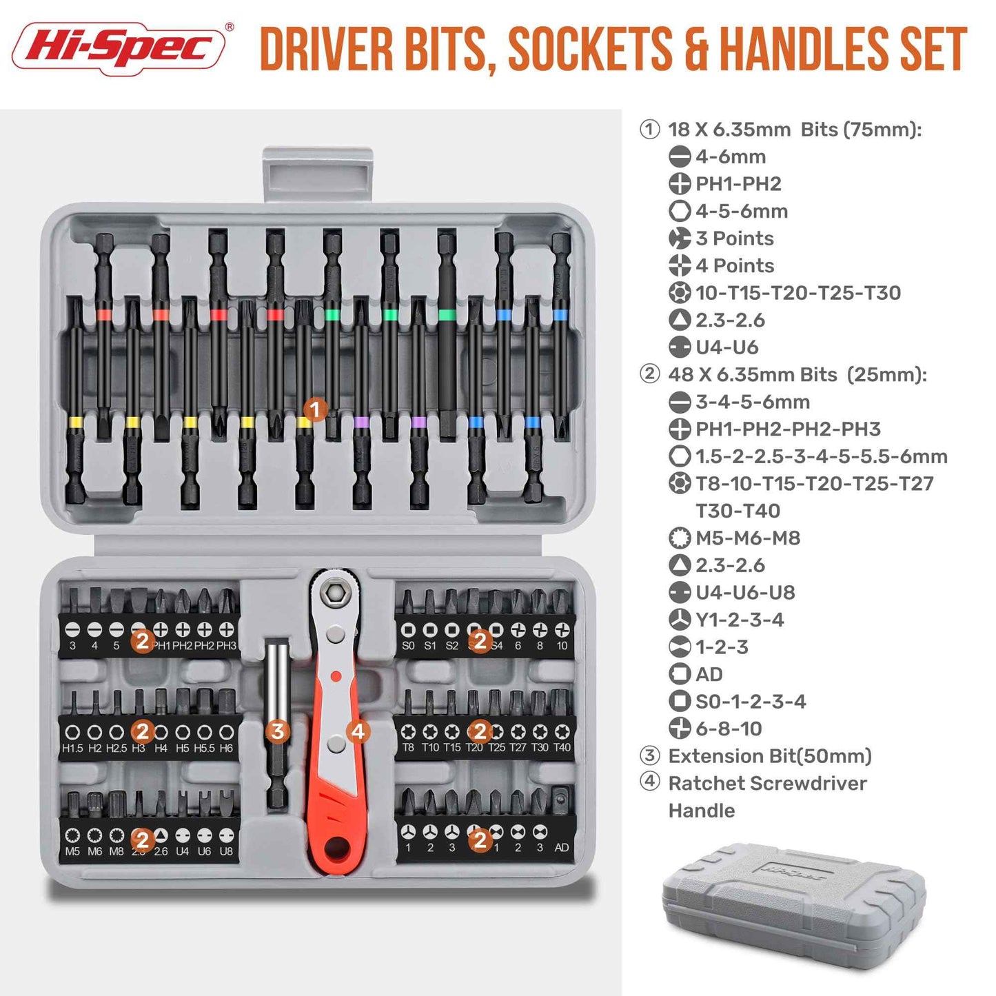 Hi-Spec 68pc Long Extended Screw Driver Bits and Mini Ratchet Wrench Handle Set. DIY Accessories Kit of 25 and 75mm Hex Shank Screwdriving Bits for Drill Drivers