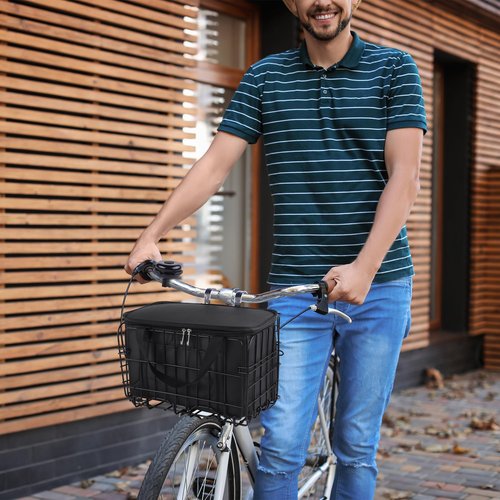 Aodaer Bike Basket with Removable Liner Bag Cargo Net Large Folding Bike Basket Quick Release Metal Ebike Basket Bicycle Storage Basket for Carrying Fruit & Grocery Pets Dogs (Front Basket with Bag)