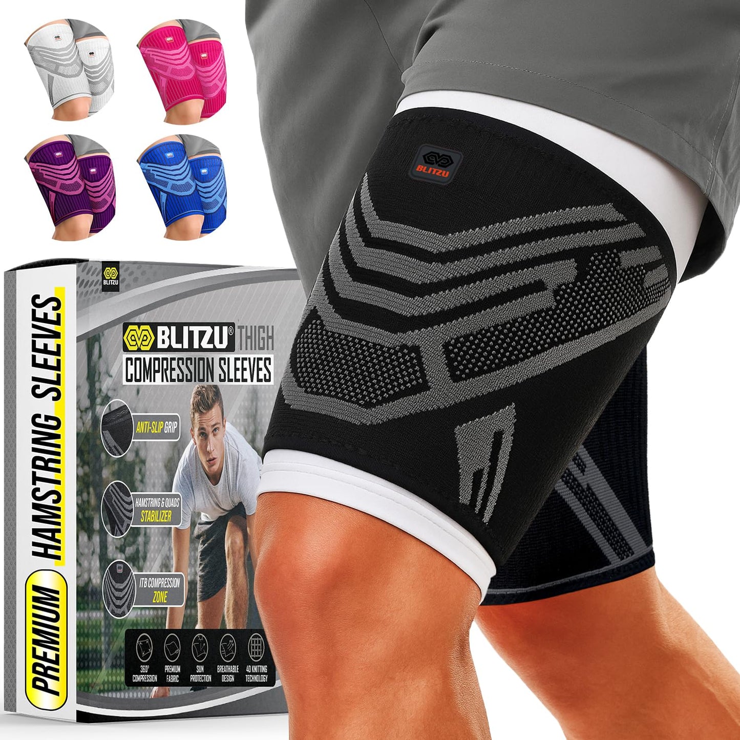 BLITZU Hamstring Compression Sleeve 1 Pair, Upper Leg Sleeves, Thigh, Quad & Groin Support for Men and Women, Anti-Slip Thigh Brace & Wrap for Running, Workout, Sports Recovery Black M
