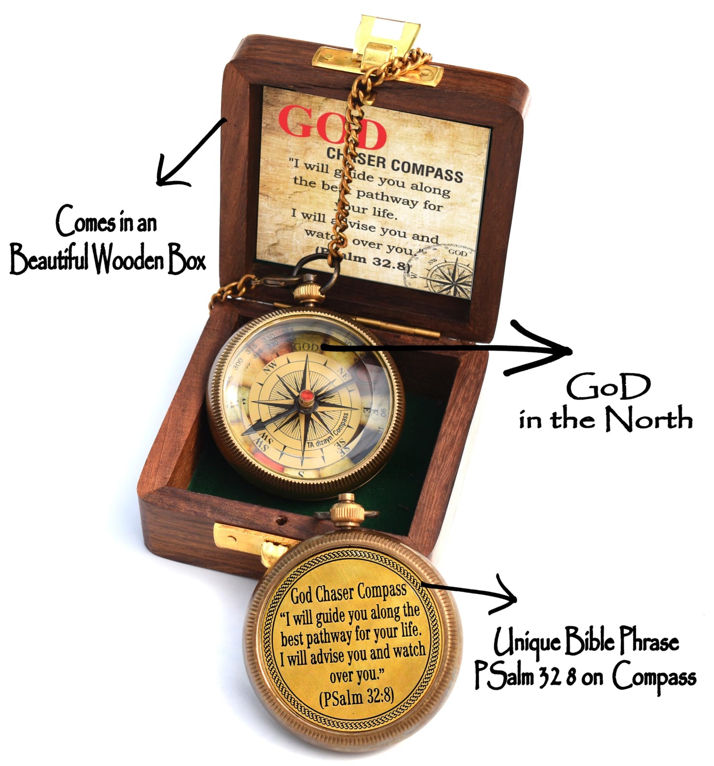 Christian Brass Compass (Psalm 32:8) with Display Box - Engraved Scripture Prayer Compass for Men & Women - Baptism, Confirmation, Communion & Graduation Gift