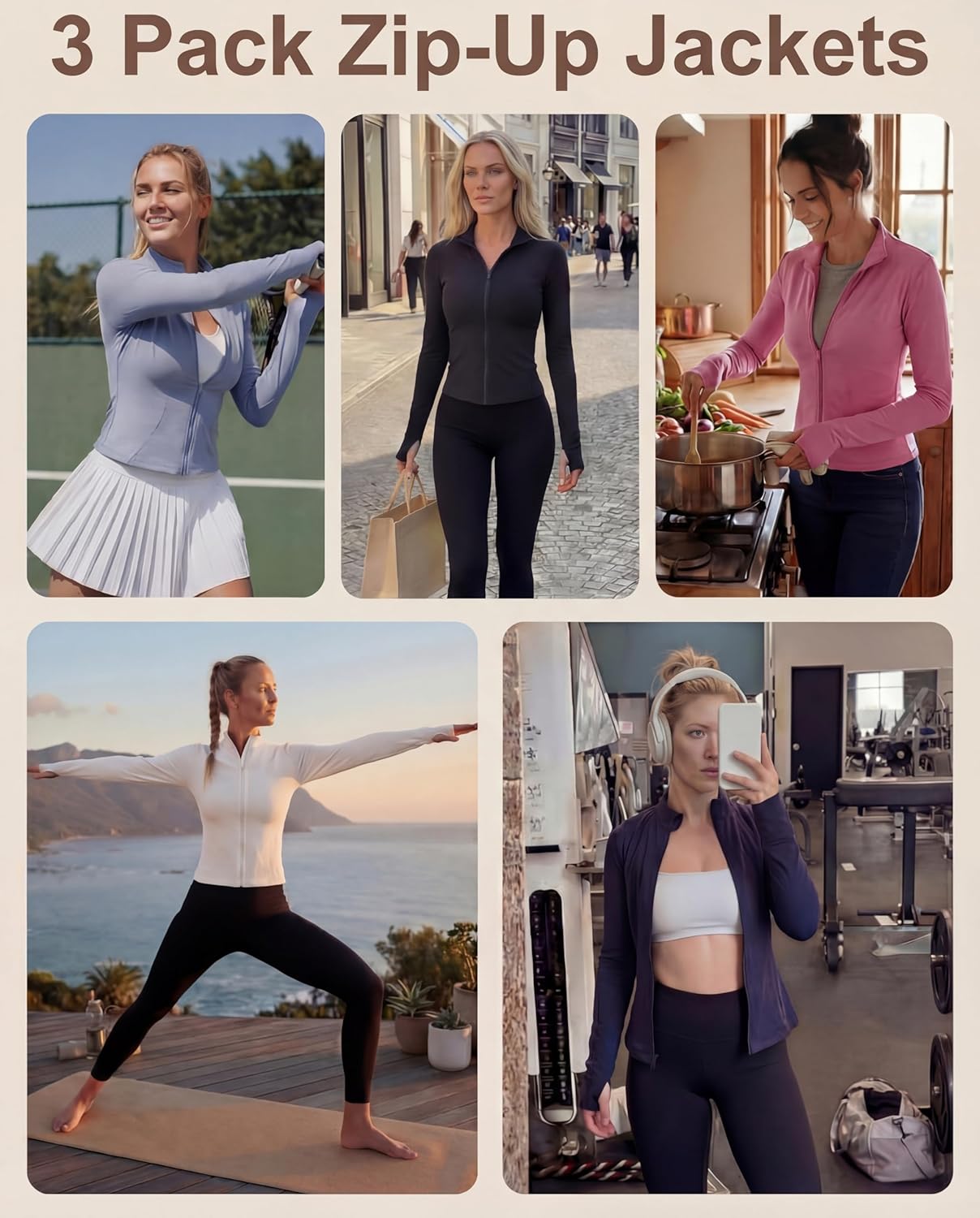 Shyyween Women's Workout Jacket - Slim Fit Cropped Zip-Up Athletic Tops | 3 Pack for Gym & Yoga