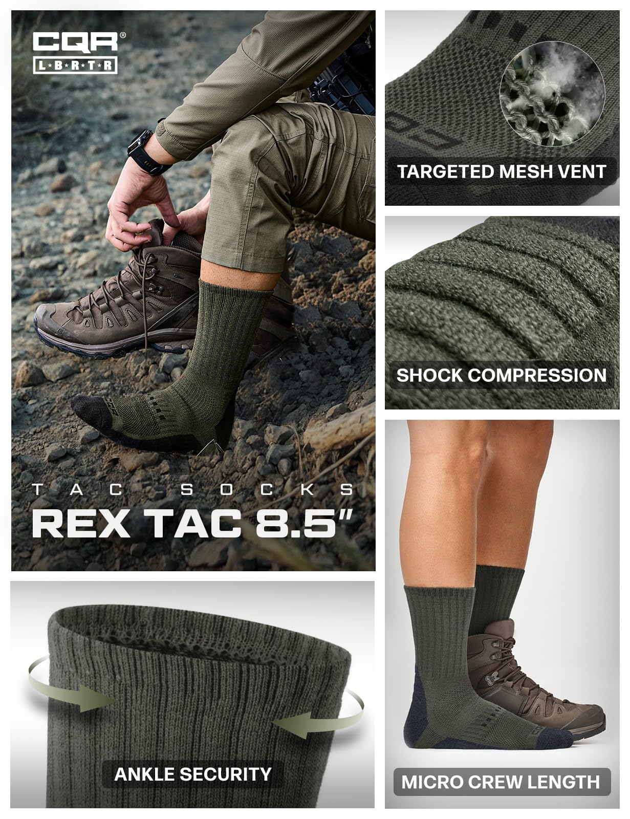 CQR 3 Pack Men and Women Wool Hiking Mid Calf Crew Socks, Moisture Wicking Breathable Outdoor Tactical Cushion boot Socks, Tac 8.5in Soil Green, Medium
