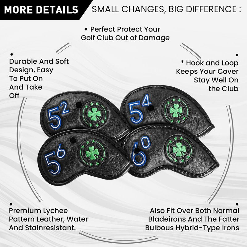 Golf Iron Wedge Head Covers 52° 54° 56° 60° 1 or 4 Pack, Synthetic Leather Clover USA Flag Design Club Head Protection, Universal Headcover Fit Iron Clubs for Men Women (Black Cover-4 Pack)