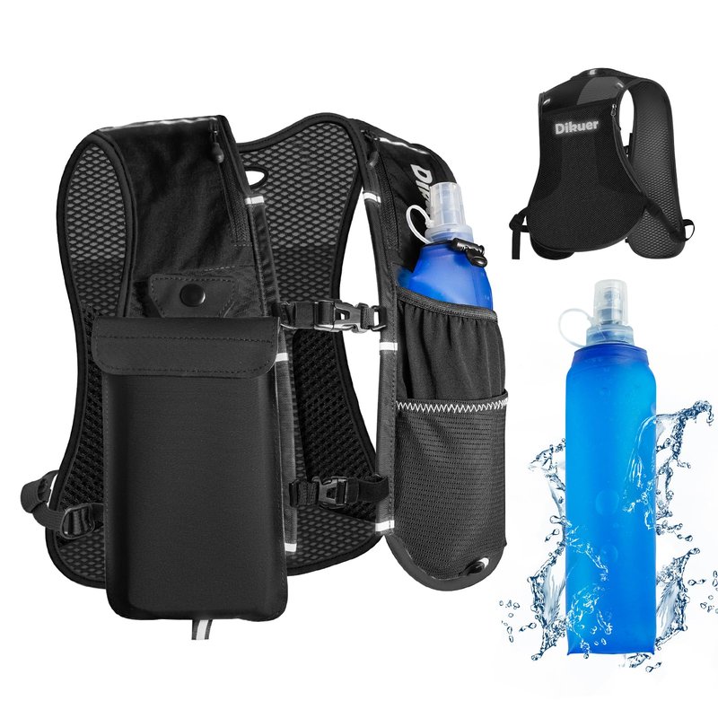 Running Vest for Women Men with Water Bottle, Lightweight Hydration Vest with Touch Screen Phone Pocket, 500ml Soft Flask, Adjustable Chest Straps, Reflective for Marathon Jogging