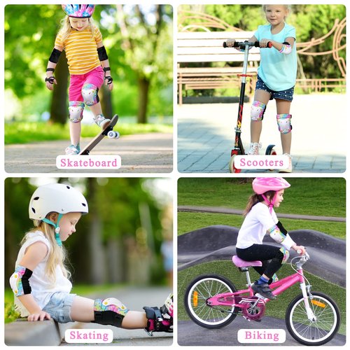 FIODAY Knee Pads for Kids Toddler Knee Pads and Elbow Pads Wrist Guards with Drawstring Bag Adjustable Protective Gear Set for Girls Boys Skating Cycling Skateboard Scooter,3-8 Years,Rainbow