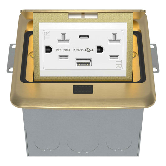 TG Soft Pop-Up Square Floor Box Kit, 4. 75” x 4. 75” x 2.95”, 3.6Amp Type C USB Outlet, 20A Tamper-Resistant Receptacle Outlet, Watertight Gasket and Corrosive Resistant Hardware, Brass