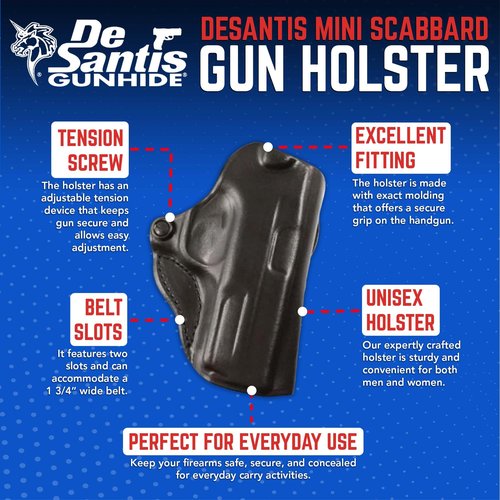 DeSantis Mini Scabbard OWB Holster - Leather Holster, Right Hand Holster, Adjustable Scabbard for Pistols, Compatible with the SIG Sauer P938, Springfield 911 9mm - Right Hand Draw, Black
