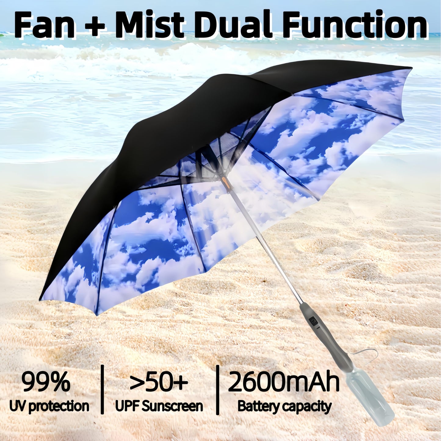 3 in 1 Sun Umbrella with Fan Misting, Uv Blocking 50+ Portable Fan Cooling Umbrella for Fishing, Golfing, Outdoor Beach, USB Rechargeable, Comes with Water Bottle Attach for the Mister