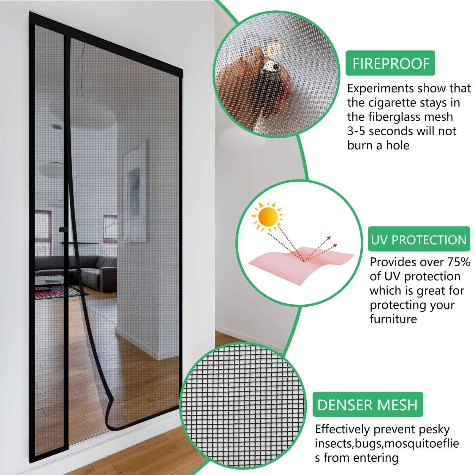 RELIANCER Fiberglass Magnetic Door Screen,Fit Doors Size 30"x78",Auto Close Screen Door Mesh w/Magnets,Left Right Side Opening,Patio Doorway Net Screens,Self-Closing Doors Cover,Doorway Curtain Mesh