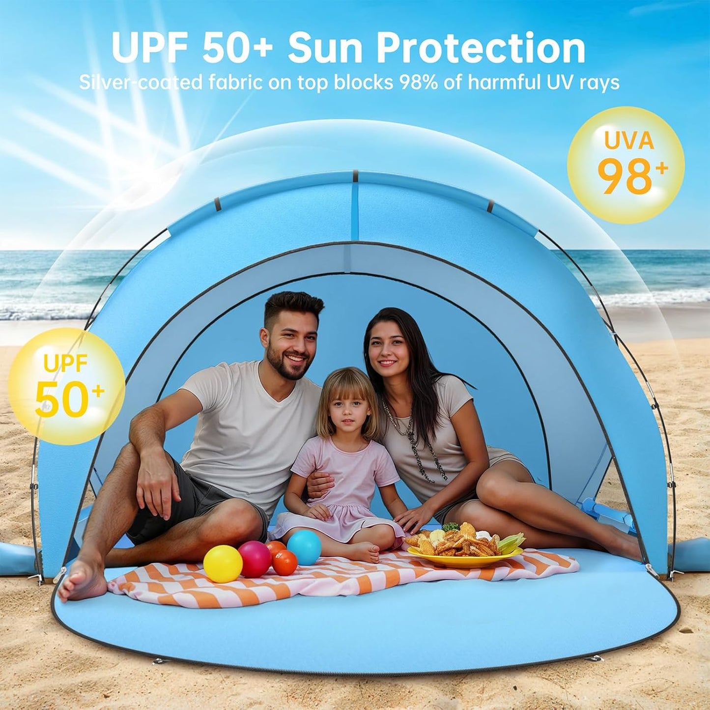 Raynesys Beach Tent - Portable Sun Shelter with UPF50+ UV Protection for 1-3 People | Blue Shade Tent
